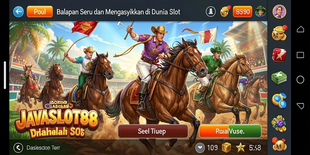 Tampilan gameplay mendebarkan dari JAVASLOT88 dengan kendaraan yang berpacu di lintasan.