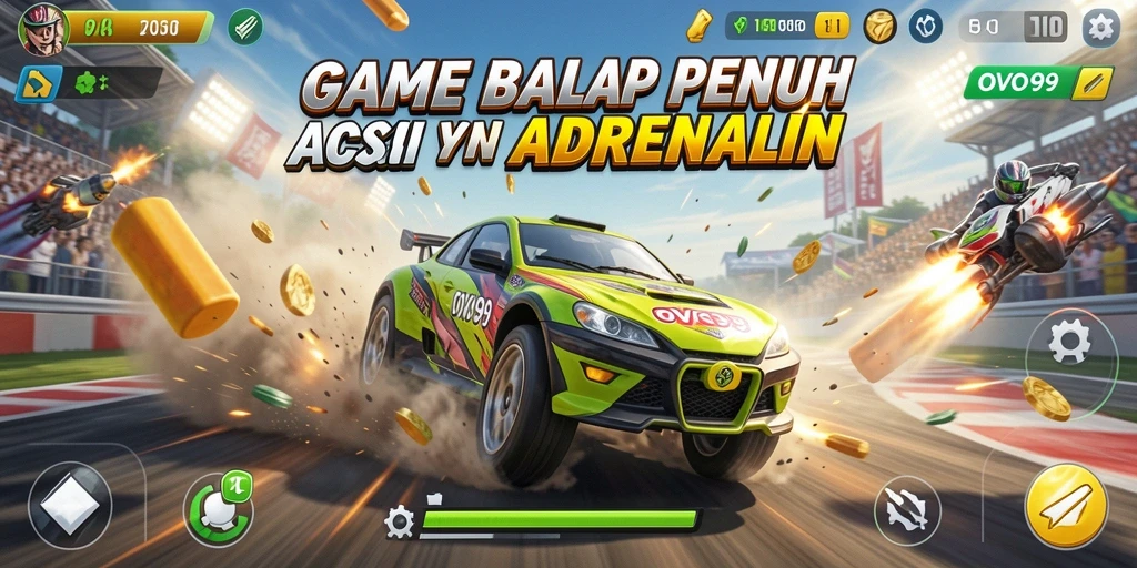 Tangkapan layar gameplay OVO99 menampilkan balapan intens dengan mobil cepat dan rintangan menarik.