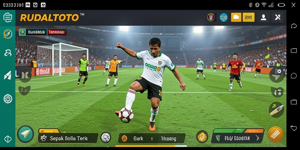 Tampilan utama gameplay RUDALTOTO dengan aksi sepak bola seru.