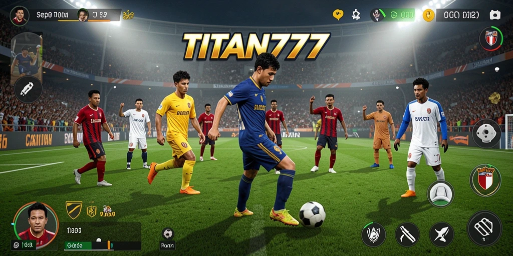 Tampilan layar permainan TITAN777 dengan aksi sepak bola yang mendebarkan.