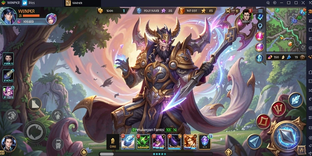Screenshot gameplay <strong>WINPKR</strong> menunjukkan pertarungan epik dan dunia yang luas.
