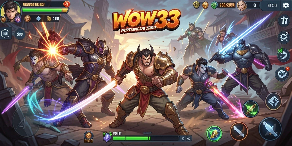 Tampilan gameplay WOW33 dengan pertarungan seru karakter-karakter unik.